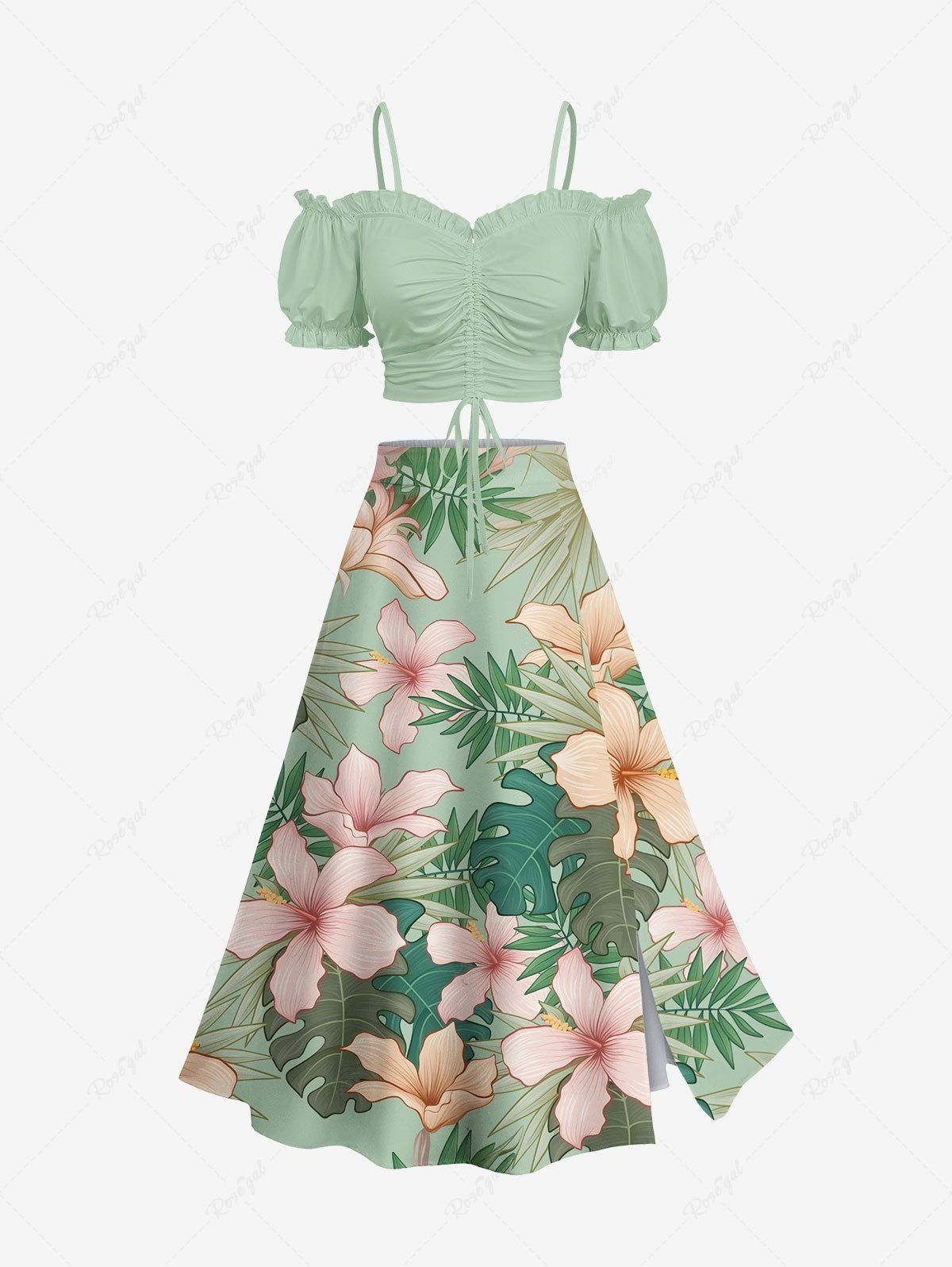 Store Flowers Tropical Leaf Print Hawaii Plus Size Matching Set  