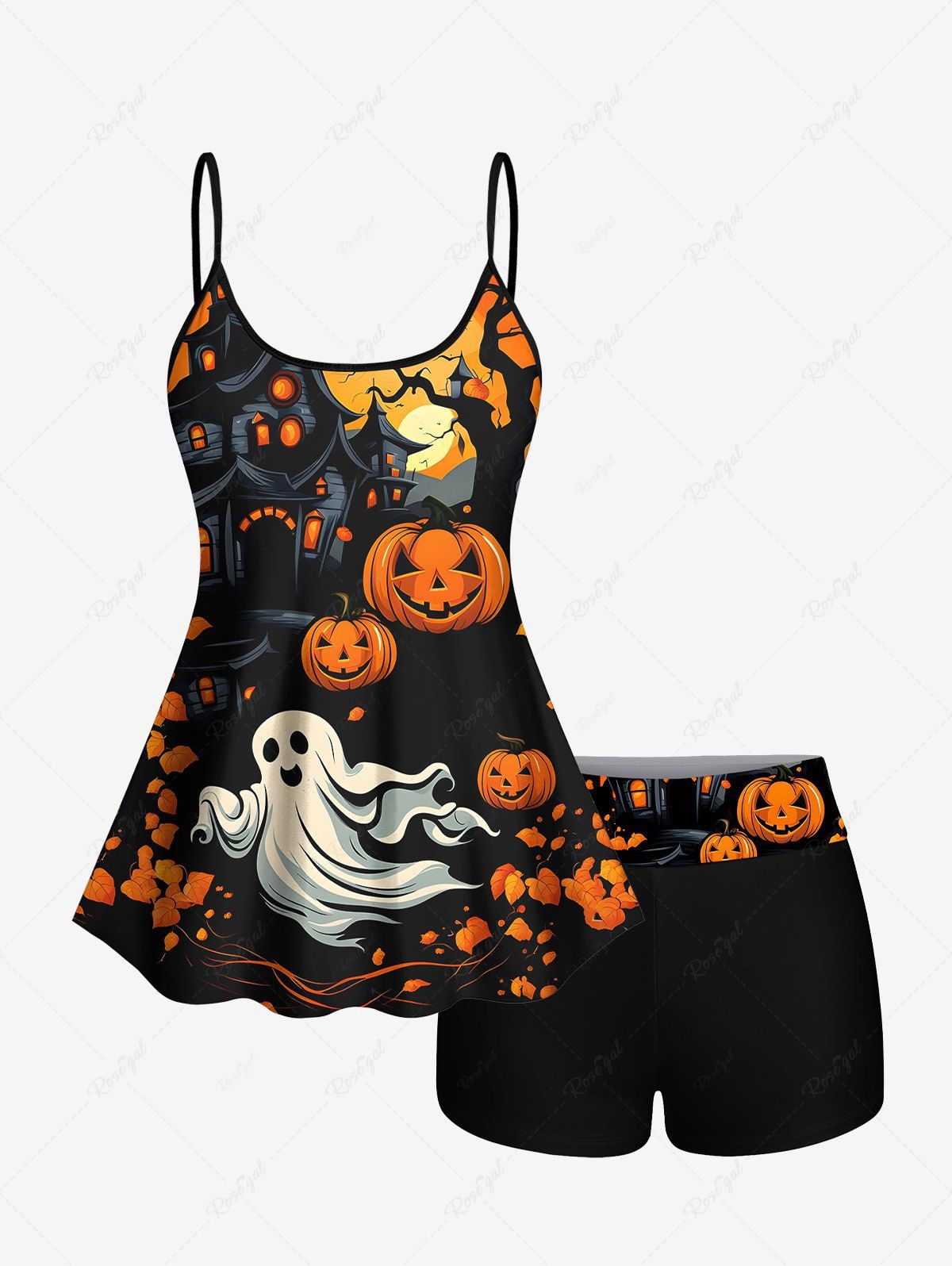 New Pumpkin Ghost Castle Tree Moon Print Halloween Boyleg Tankini Swimsuit (Adjustable Shoulder Strap)  