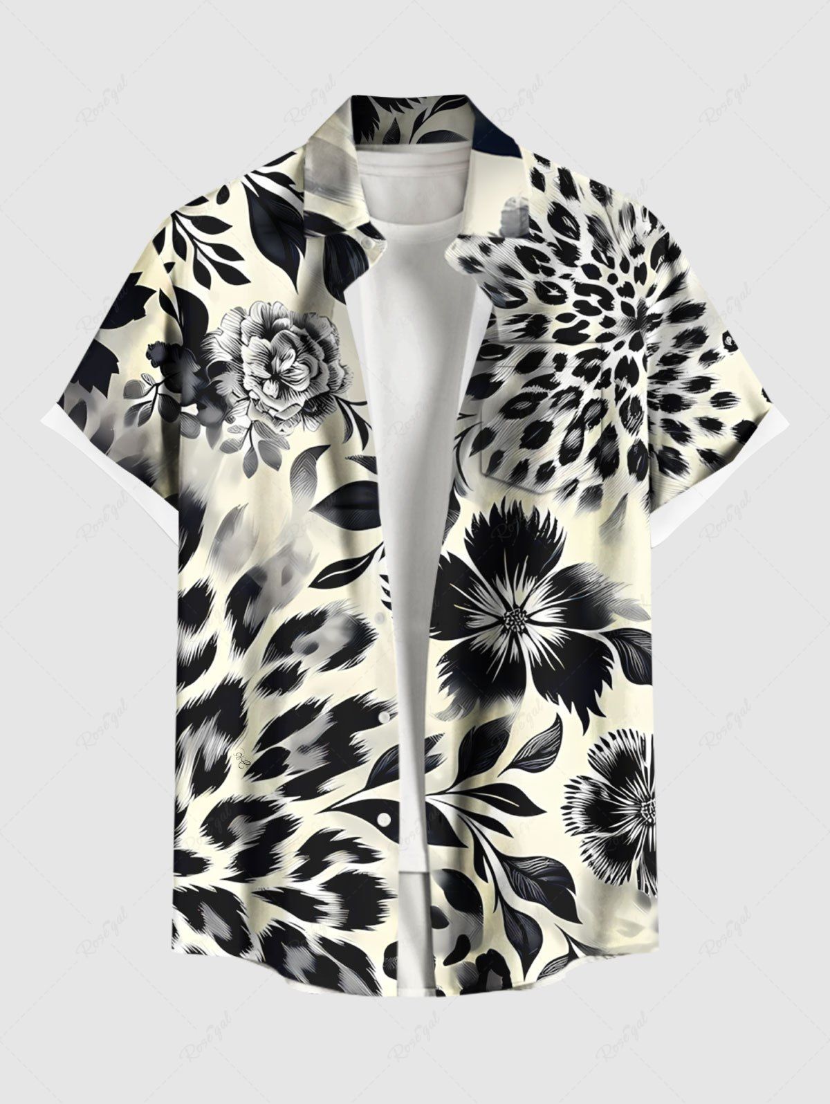 Chemise hawaïenne grande taille à imprimé léopard, hibiscus, fleurs et feuilles, avec poches boutonnées pour homme Noir S