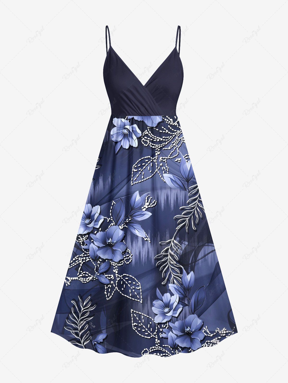 Robe caraco trapèze à imprimé floral, feuilles, branches et vagues, grande taille, style hawaïen Bleu 1X
