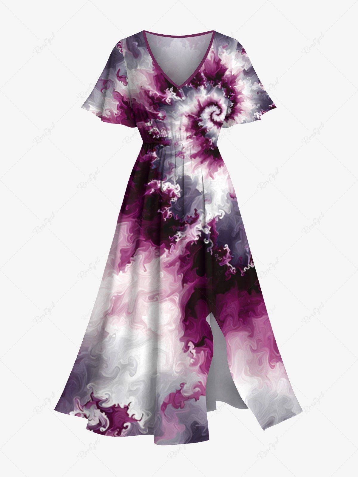 Robe mi-longue hawaïenne grande taille à imprimé tie-dye spirale et poches fendues Pourpre  XXS
