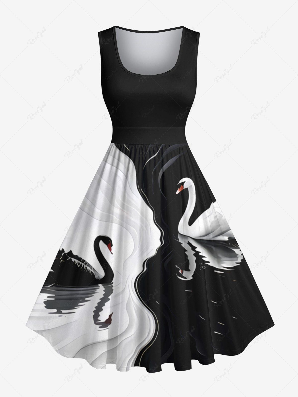 Robe trapèze vintage hawaïenne des années 1950 à imprimé cygne bicolore contrasté grande taille Noir XXS