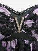 Tenue grande taille avec haut à imprimé aquarelle fleuri et jupe à volants en résille à motif tête de mort - Noir 