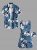 Ensemble chemise et barboteuse hawaïennes assorties, grande taille, tenue de plage à imprimé fleurs et feuilles pour couples - Bleu Ciel 