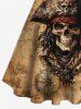 Plus Size Halloween Skull Pirated Ship Rudder Print Buttons Turn Down Collar Dress With Belt -  