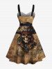 Plus Size Halloween Skull Pirated Ship Rudder Print Buttons Turn Down Collar Dress With Belt -  