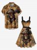 Plus Size Halloween Skull Pirated Ship Rudder Print Buttons Turn Down Collar Dress With Belt -  