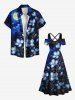 Plus Size Flowers Leaf Moon Galaxy Star Print Cold Shoulder Crisscross Hawaii Maxi Dress -  