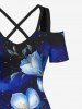 Plus Size Flowers Leaf Moon Galaxy Star Print Cold Shoulder Crisscross Hawaii Maxi Dress -  