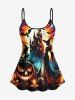 Skull Pumpkin Wizard Bat Castle Print Halloween Boyleg Tankini Swimsuit (Adjustable Shoulder Strap) -  