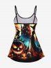Skull Pumpkin Wizard Bat Castle Print Halloween Boyleg Tankini Swimsuit (Adjustable Shoulder Strap) -  