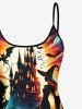 Skull Pumpkin Wizard Bat Castle Print Halloween Boyleg Tankini Swimsuit (Adjustable Shoulder Strap) -  