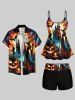Skull Pumpkin Wizard Bat Castle Print Halloween Boyleg Tankini Swimsuit (Adjustable Shoulder Strap) -  