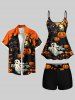 Pumpkin Ghost Castle Tree Moon Print Halloween Boyleg Tankini Swimsuit (Adjustable Shoulder Strap) -  