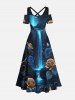 Plus Size Rose Flower Fall Galaxy Print Hawaii Cold Shoulder Crisscross A Line Maxi Dress -  