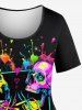T-shirt femme grande taille imprimé coloré crâne squelette cœur peinture éclaboussures - Noir XS