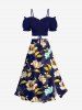 Plus Size Ombre Flower Leaf Branch Print Hawaii Split A Line Skirt - Bleu Marine 3X
