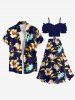 Plus Size Ombre Flower Leaf Branch Print Hawaii Split A Line Skirt - Bleu Marine 3X