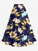 Plus Size Ombre Flower Leaf Branch Print Hawaii Split A Line Skirt - Bleu Marine 3X