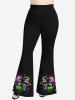 Pantalon évasé grande taille à imprimé coloré, crâne, squelette, cœur, peinture, éclaboussures - Noir 3X