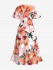 Robe mi-longue hawaïenne fendue à imprimé floral, feuilles et branches, grande taille - Rose clair XXS