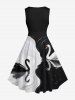 Robe trapèze vintage hawaïenne des années 1950 à imprimé cygne bicolore contrasté grande taille - Noir XXS