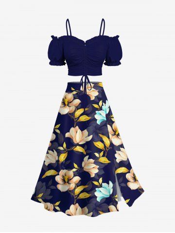 Solid Cinched Cami Top and Ombre Flower Leaf Branch Print Hawaii Split A Line Skirt Plus Size Matching Set - BLUE