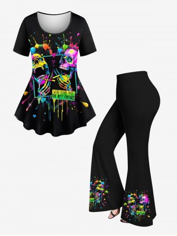 Colorful Skull Skeleton Heart Painting Splatter Print Women T-shirt and Flare Pants Plus Size Matching Set - BLACK