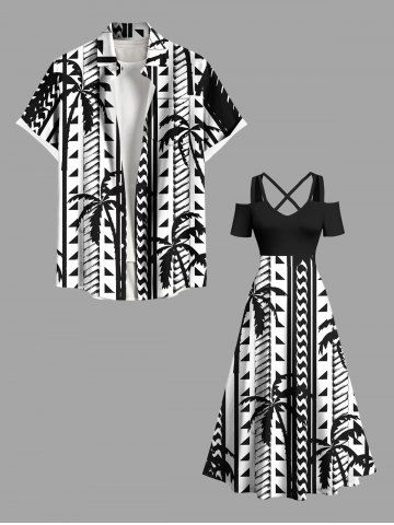 Coconut Tree Geometric Graphic Print Plus Size Matching Hawaii Beach Outfit For Couples - BLACK