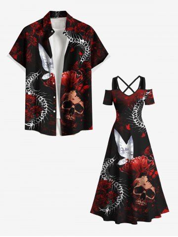 Halloween Skull Flowers Butterfly Centipede Print Plus Size Matching Outfit For Couples - BLACK