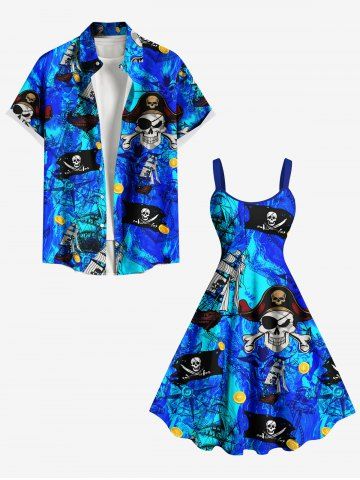 Halloween Skull Pirate Ship Rudder Cruise Print Plus Size Matching Outfit For Couples - SKY BLUE
