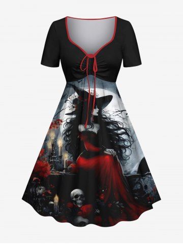 Plus Size Halloween Wizard Skulls Candles Owl Moon Print Cinched Dress - BLACK - XXS