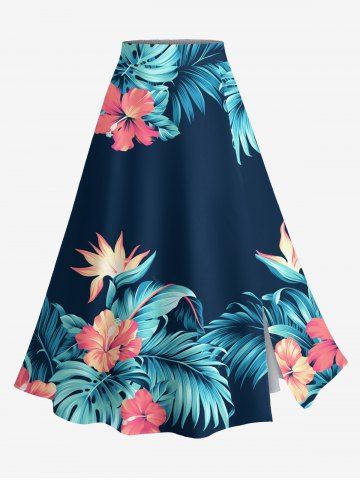 Plus Size Hibiscus Flowers Tropical Leaf Print Split Hawaii Skirt - NAVY BLUE - 2X