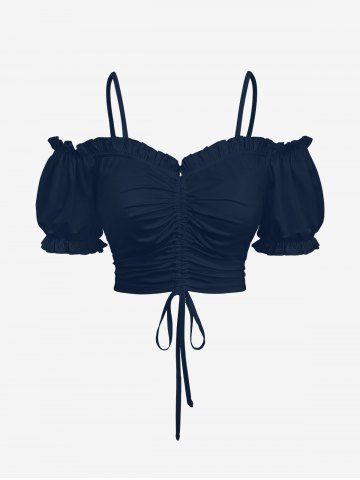 Plus Size Cinched Ruched Ruffles Cold Shoulder Cami Top - NAVY BLUE - S