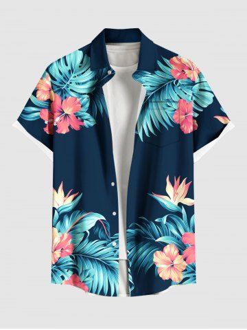 Plus Size Hibiscus Flowers Tropical Leaf Print Buttons Pocket Hawaii Shirt For Men - BLACK - 6XL