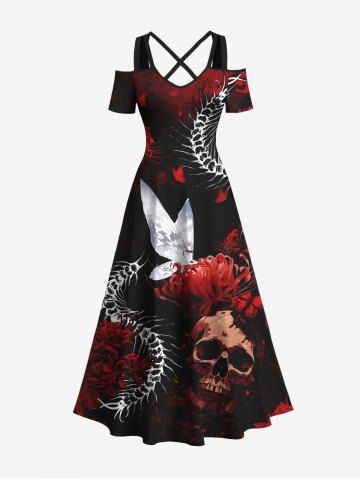 Plus Size Halloween Skull Flowers Butterfly Centipede Print Cold Shoulder Crisscross Maxi Dress - BLACK - XXS