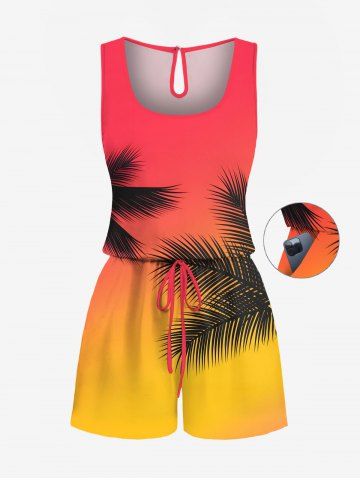 Plus Size Coconut Tree Tropical Leaf Ombre Print Cinched Hawaii Romper - RED - XS