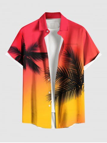 Plus Size Coconut Tree Ombre Colorblock Print Buttons Pocket Hawaii Shirt For Men - RED - 4XL