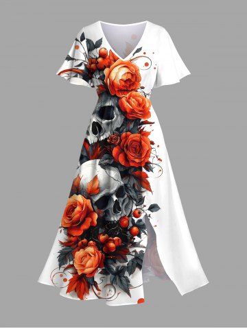 Plus Size Halloween Skulls Rose Flowers Print Split Midi Dress - WHITE - 6X