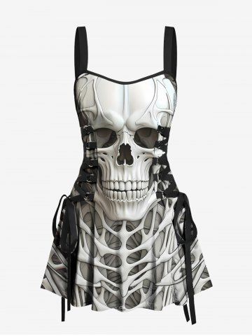 Halloween Skull Skeleton Print Lace Up Tank Dress - BLACK - XXXL
