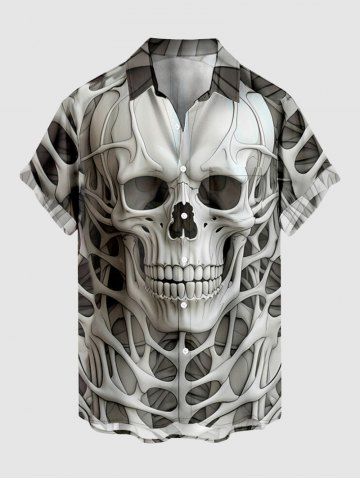 Plus Size Halloween Skull Skeleton Print Buttons Pocket Shirt For Men - LIGHT GRAY - 3XL