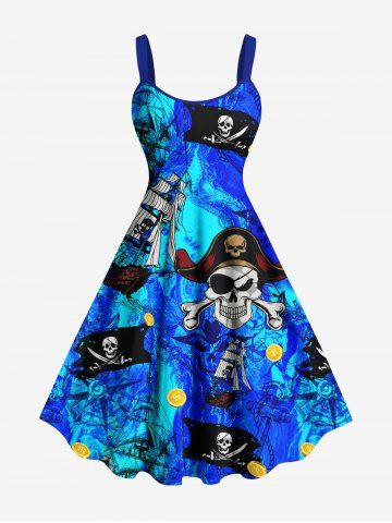 Plus Size Halloween Skull Pirate Ship Rudder Cruise Print Tank Dress - SKY BLUE - M