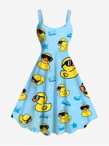 Plus Size Ducks Fish Star Print Hawaii Tank Dress - SKY BLUE - S