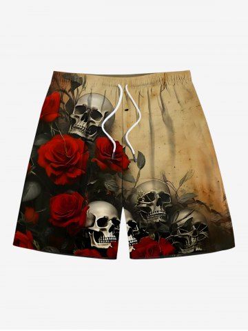 Plus Size Distressed Skull Rose Flower Print Halloween Drawstring Beach Shorts For Men - TAN - 7XL
