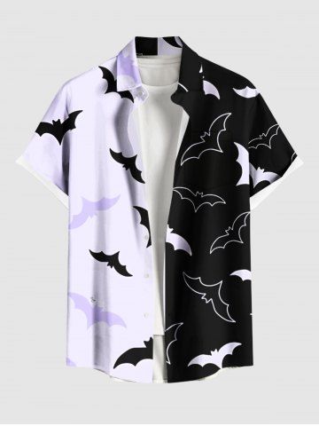 Plus Size Two Tone Bat Print Halloween Button Pocket Shirt For Men - BLACK - 6XL