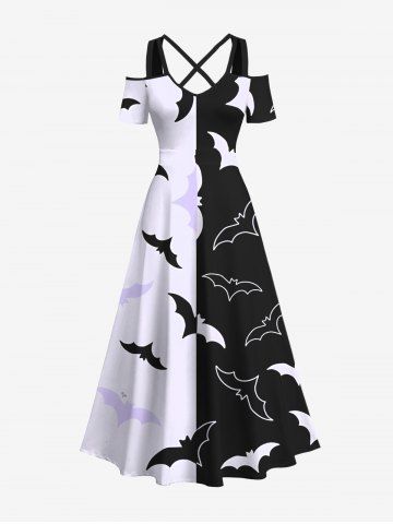Plus Size Two Tone Bat Print Halloween Cold Shoulder Crisscross A Line Maxi Dress - BLACK - XXS
