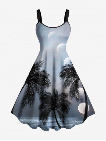 Plus Size Coconut Tree Sea Moon Ombre Galaxy Print Hawaii A Line Tank Dress - LIGHT GRAY - 6X