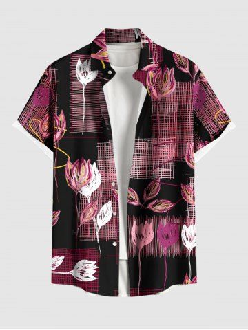 Plus Size Line Braided Plaid Flower Print Hawaii Button Pocket Shirt For Men - BLACK - S