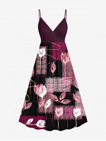 Plus Size Line Braided Plaid Flower Print Hawaii Surplice A Line Cami Dress - RED - L