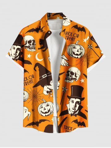Plus Size Pumpkin Cat Skull Ghost Bat Wizard Spider Web Print Halloween Button Pocket Shirt For Men - ORANGE - 3XL